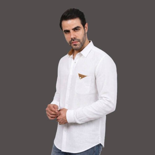 Men’s White Cotton Mesh Shirt with Pocket Detail